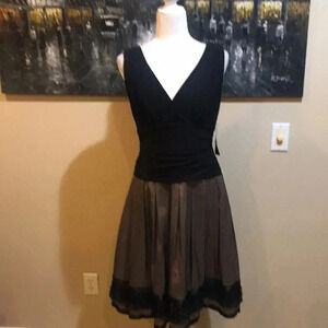 S.L. Fashions Antique Gold & Black Party Dress w/Cinched Waist Ribbon Hem-Sz 12